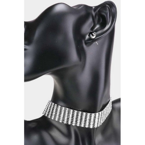 Rhinestone Pave Choker Necklace & Earring Set Black & White