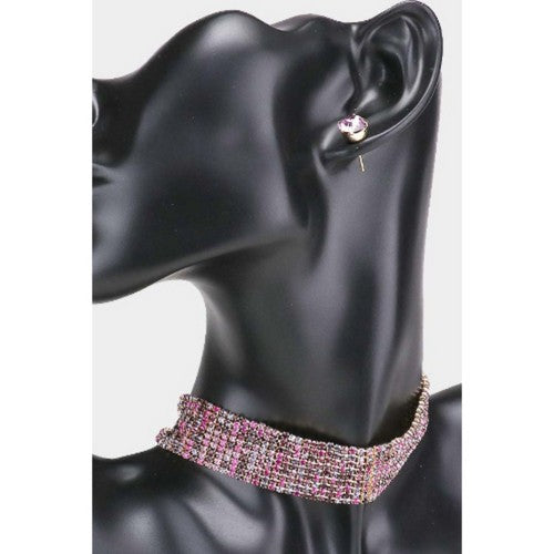 Rhinestone Pave Choker Necklace & Earring Set Purple & Multi