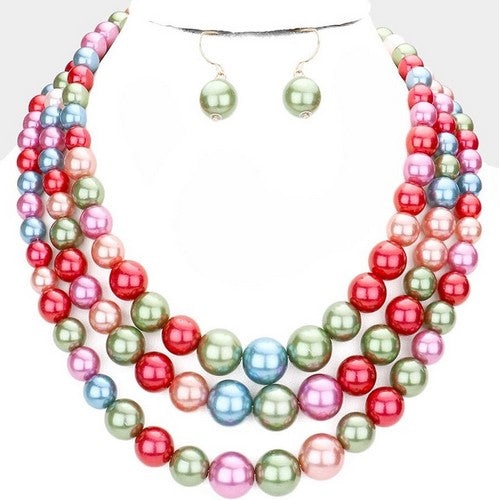 3 Strand Pearl Necklace & Earring Set Pink Multi