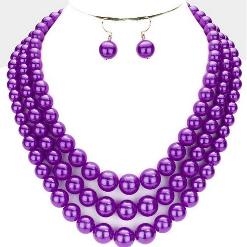 3 Strand Pearl Necklace & Earring Set Purple