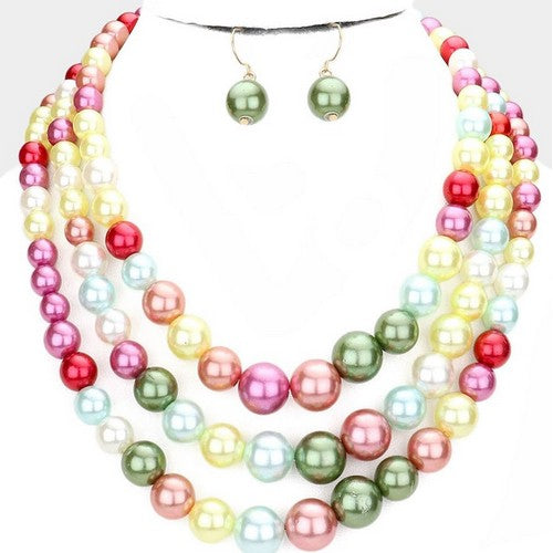 3 Strand Pearl Necklace & Earring Set Yellow Multi