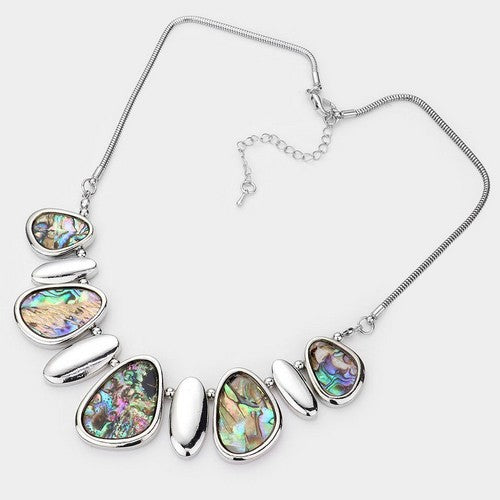 Abalone Black Abstract Metal Necklace & Earring Set Silver
