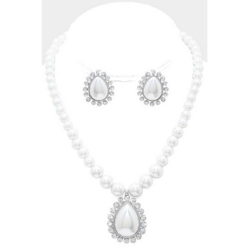 Teardrop While Pearl & Diamond Necklace & Earring Set Silver