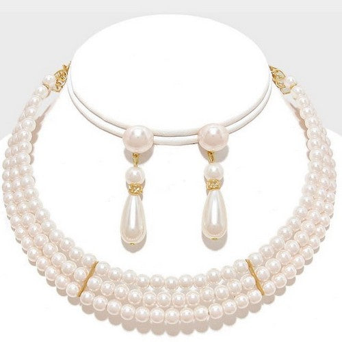 3-Row Gold Bar Pearl Necklace & Earring Set Gold