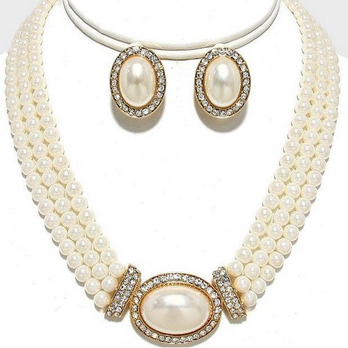 3 Row Pearl Diamond Necklace & Earring Set Gold