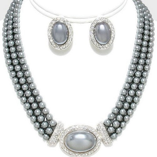 3 Row Pearl Diamond Necklace & Earring Set Grey