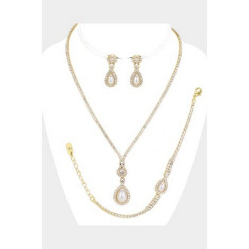 Rhinestone Pearl Teardrop Necklace  Earring & Bracelet Set