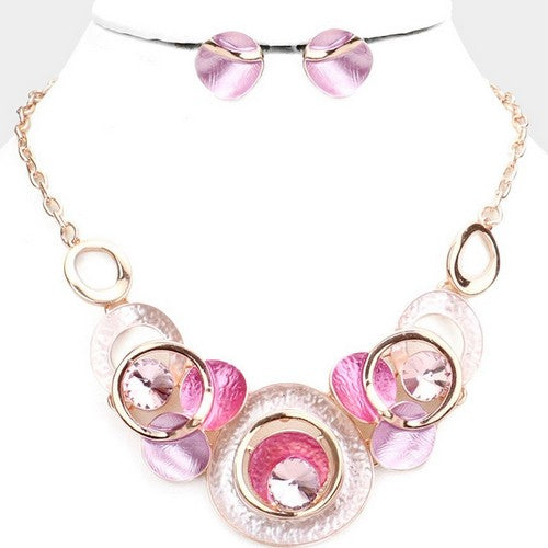 Triple Cluster Necklace & Earring Set Gold Pink