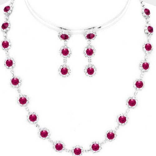 Floral Crystal Rhinestone Necklace & Earring Set Fuchsia