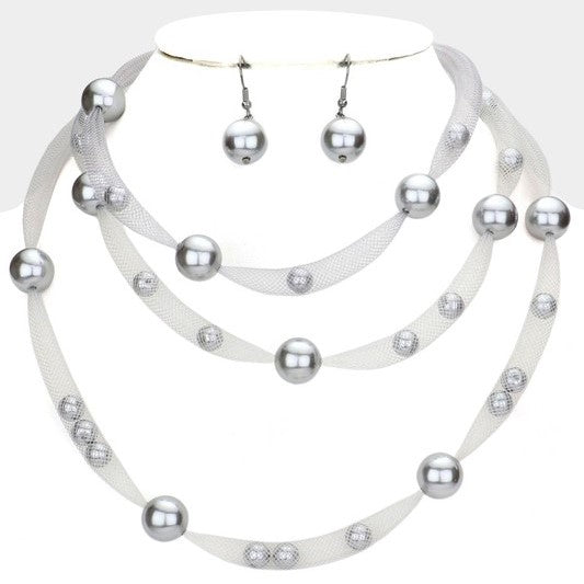 Mesh & Pearl Triple Layer Necklace & Earring Set Multi