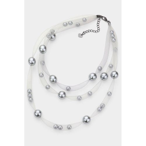 Mesh & Pearl Triple Layer Necklace & Earring Set Grey