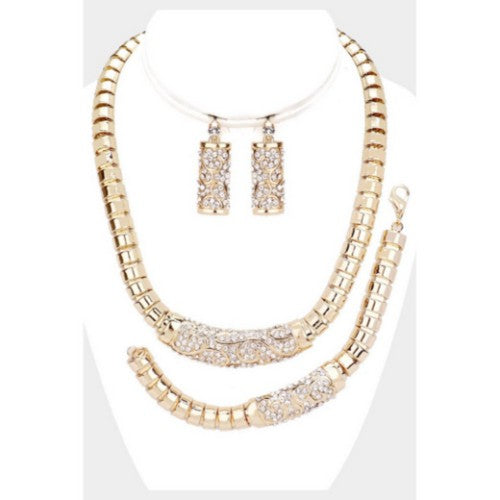 Chunky Rhinestone 3pc Necklace Earring & Bracelet Set Gold
