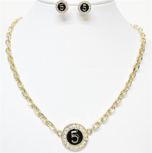 No. 5 Rhinestone Necklace & Earring Set Gold