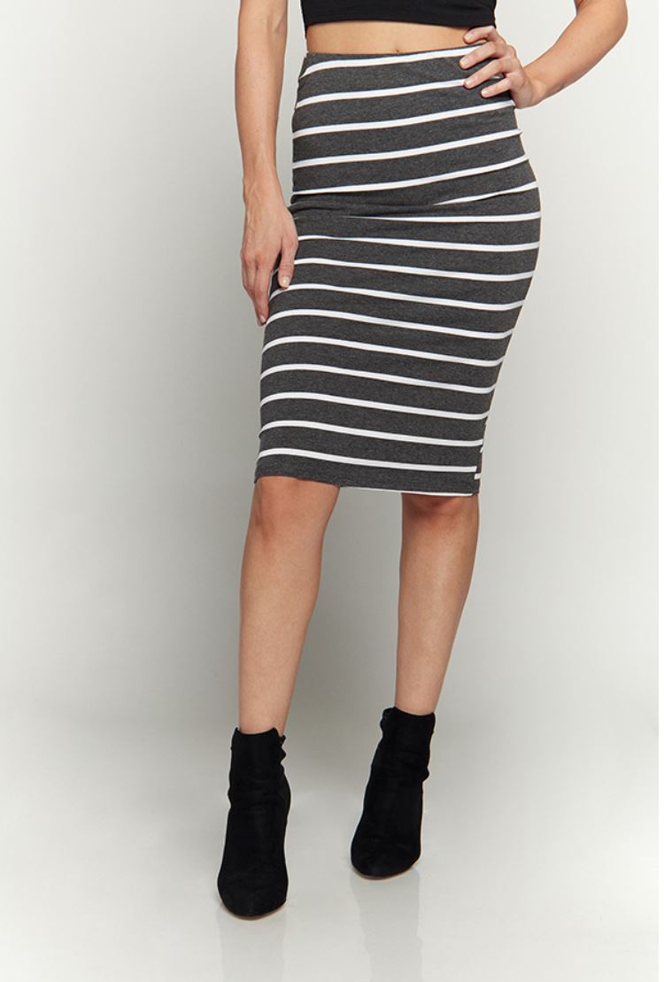 BJ14890S Stripe Midi Skirt Heather Charcoal & White