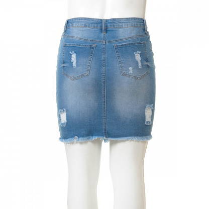 Wax Jean Skirt Destruction & Frayed Hem Skirt in Light Denim
