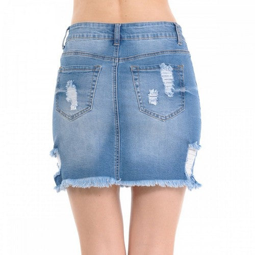 Wax Jean Skirt Destruction & Frayed Hem Skirt in Light Denim
