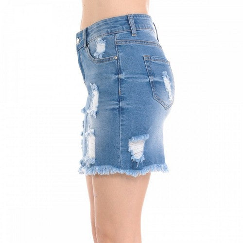 Wax Jean Skirt Destruction & Frayed Hem Skirt in Light Denim