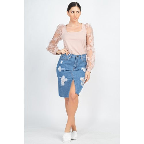 DSK27173 Front Slit Destroyed Denim Skirt Medium Denim