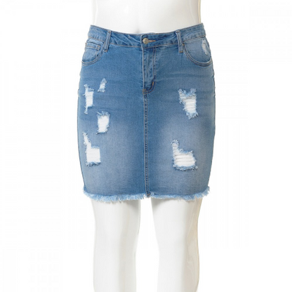 90114XL Denim Skirt Destruction & Frayed Hem Skirt Light Denim