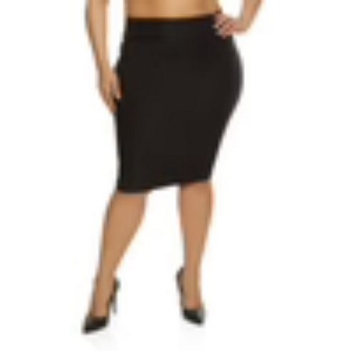 0030482616 Plus Size Solid Pencil Midi Skirt Black