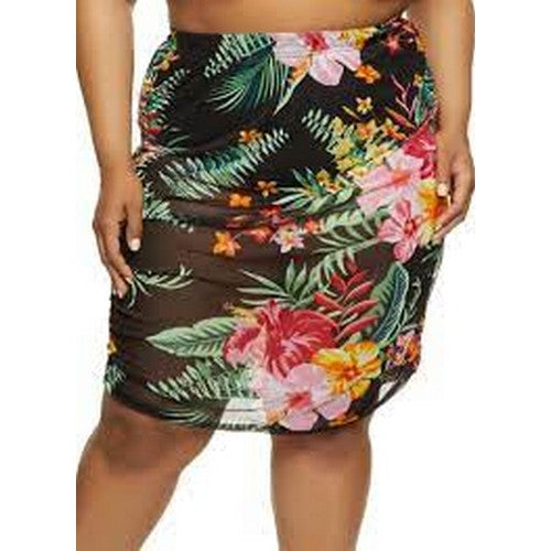 0850032342754 Plus Size Printed Ruched Mesh Skirt Black