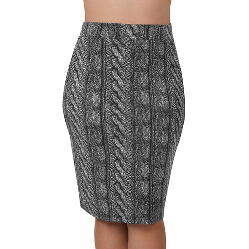 HSL-2196X Plus Size Hacci Print Knee Length Pencil Skirt Black