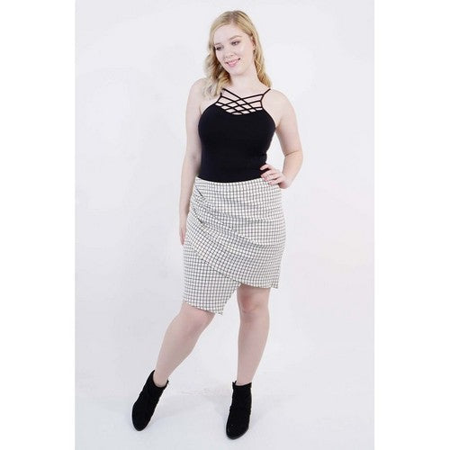 Plus Size Assymetrical Pencil Skirt Check Ivory/Black