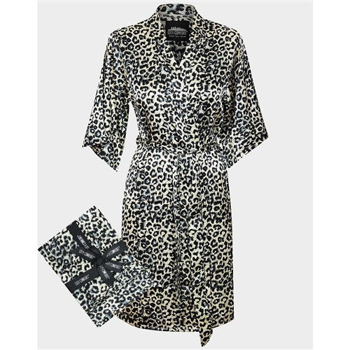 City Comfort Satin Kimono Robe Black Leopard