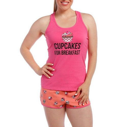 Cotton Jersey Tank & Short Sleep Set Cupcakes for BreakFast