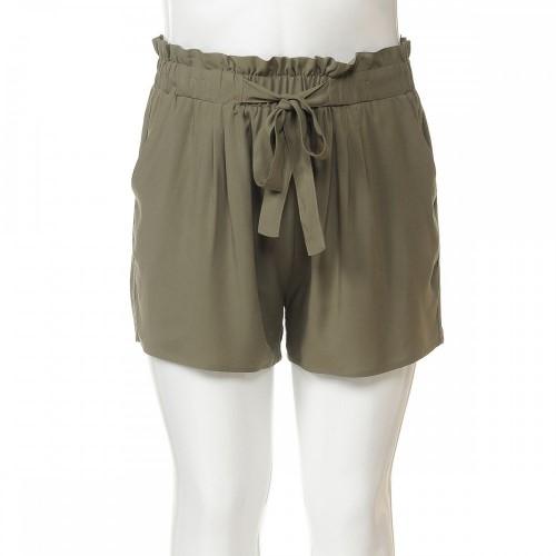 70402XL Plus Size Tie Front High Paperbag Waist Shorts Military Green