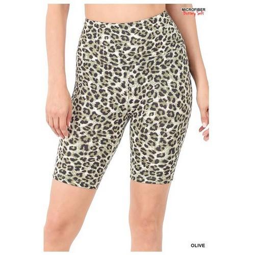 MP-57102 Microfiber Leopard High Waistband Biker Shorts Olive