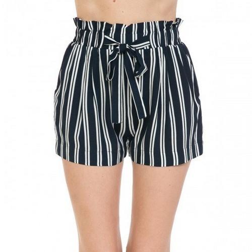 70446-14 Multi-Striped Tie-Front High Paperbag Waist Woven Pull-On Shorts Eclipse/Off White