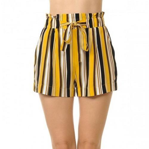 70446-7 Multi-Striped Tie-Front High Paperbag Waist Woven Pull-On Shorts Black/Mustard
