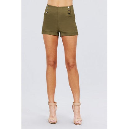 High Waist Button Detail Shorts Light Olive Green