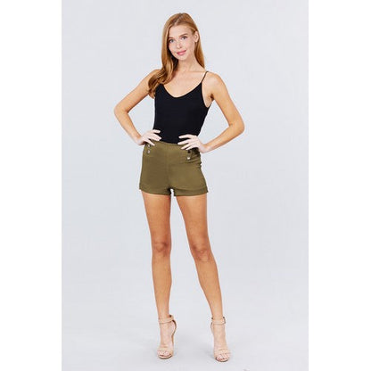 P11386 High Waist Button Detail Shorts Light Olive Green