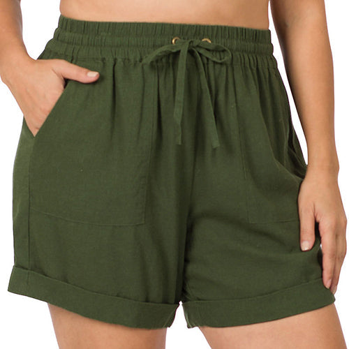QP-65052X Plus Size Linen Drawstring Waist Shorts Army Green