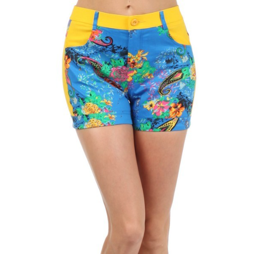 JD003 Marilyn Floral & Paisley 4-Pocket Shorts Yellow/Blue