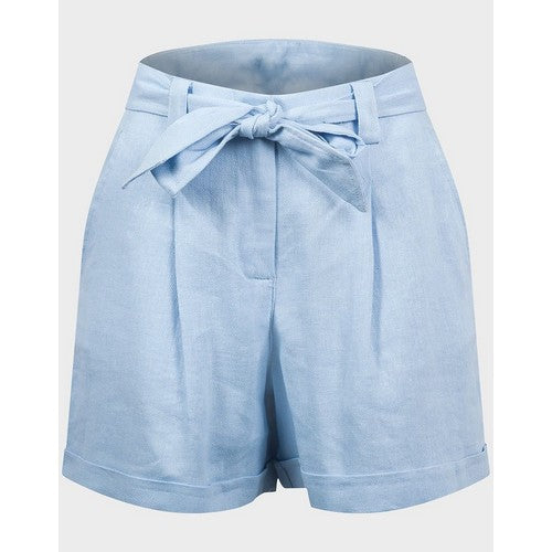 Plus Size Linen Roll Cuff Woven Belted Shorts Sky Blue