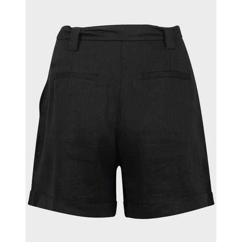 Find Linen Roll Cuff Woven Belted Shorts Black