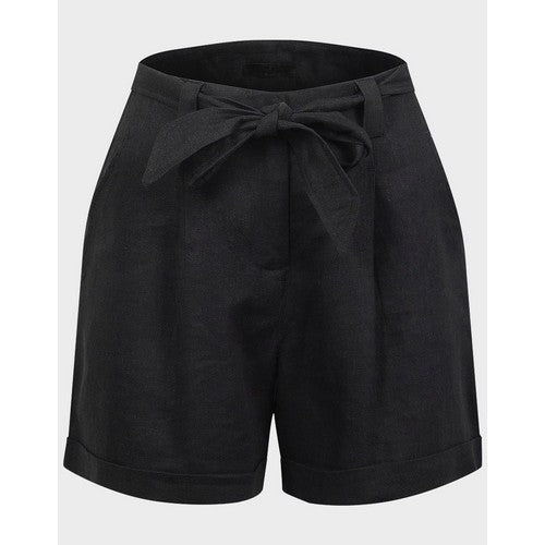 Linen Roll Cuff Woven Belted Shorts Black
