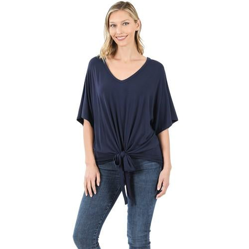 AT-5537AB Luxe Rayon V-Neck Tie Front Top Navy