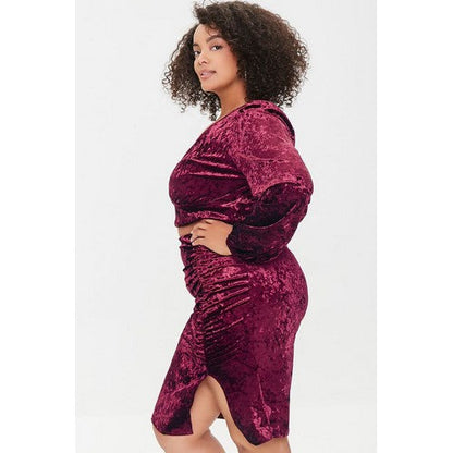 Plus Size Velvet Crop Top & Skirt Set Wine