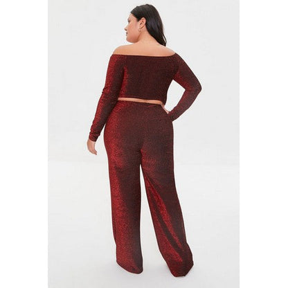 Plus Size Glitter Knit Crop Top & Pants Set Burgundy