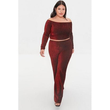 Plus Size Glitter Knit Crop Top & Pants Set Burgundy