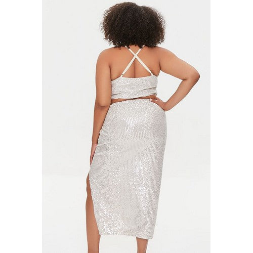 Plus Size Sequin Cropped Cami & Skirt Set Cream/Silver