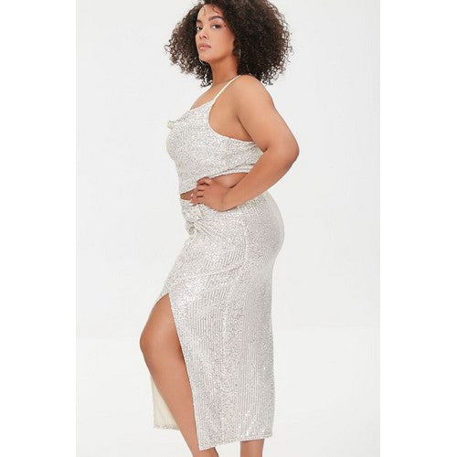 Plus Size Sequin Cropped Cami & Skirt Set Cream/Silver
