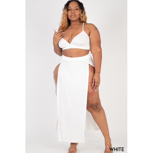 BTS3169X-A Plus Size Bra Top & Slit Skirt Set White