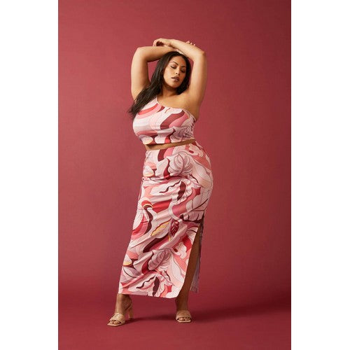 Plus Size Crop Top & Skirt Set Pink/Multi