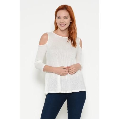 RT18766Q 3/4 Sleeve Cold Shoulder Top Soft White