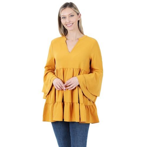 QT-65037 Woven Airflow Tiered Ruffle Bell Sleeve Top Golden Mustard